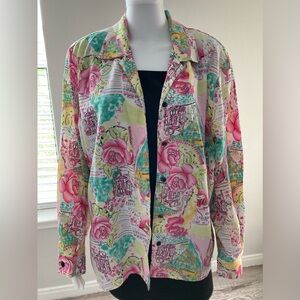 Notations Faux Twin Set Blouse Tunic Pink Floral Print Long Sleeve Sz 1X